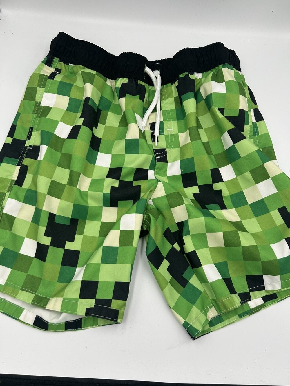 Boy's Minecraft Size small Green Creeper Swim Trunks Board Shorts, drawstring